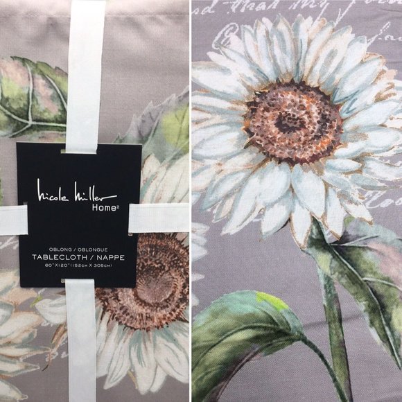 Nicole Miller Sunflower Script Fall Tablecloth Aqua White Gray 60x120 Fabric - Picture 1 of 11
